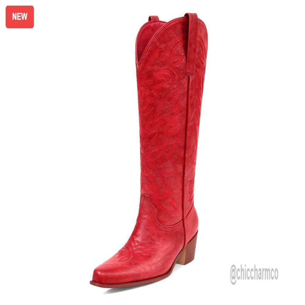 Knee High Cowboy Boots with Chunky Heel, Side Zipper, Vintage Embroidery